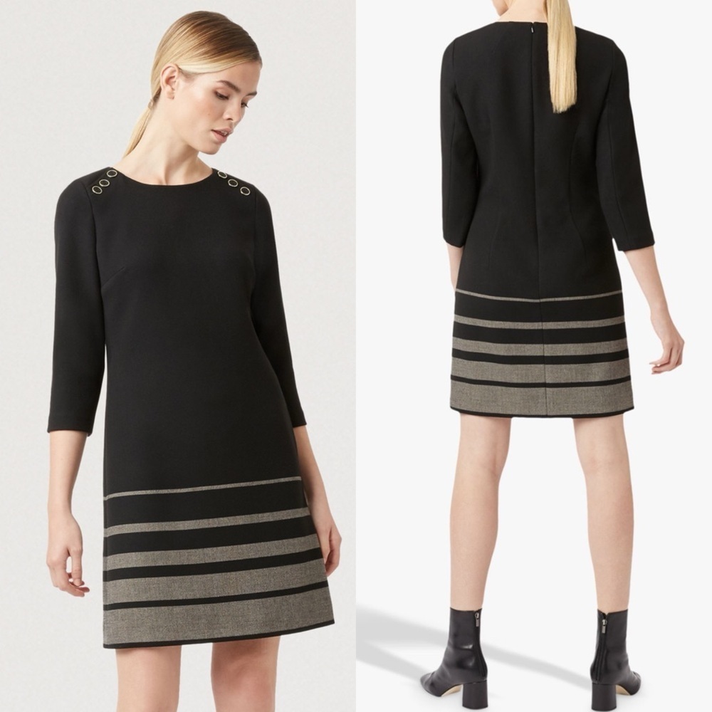 HOBBS GRACIE GRADUATED STRIPE BLACK TAN WOOL SHIFT DRESS